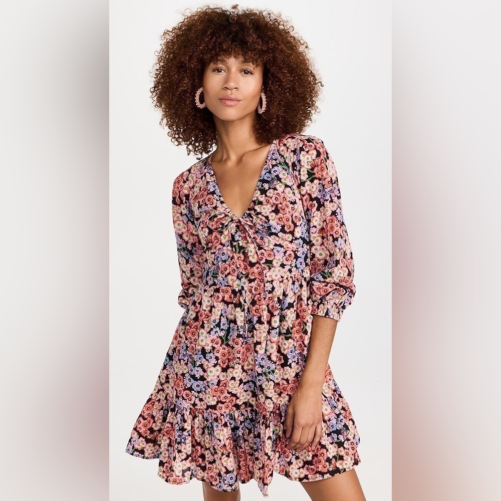 Banjanan Macaw Floral Butterfly Drawstring V-Neck Mini Dress Monarch Black Small
